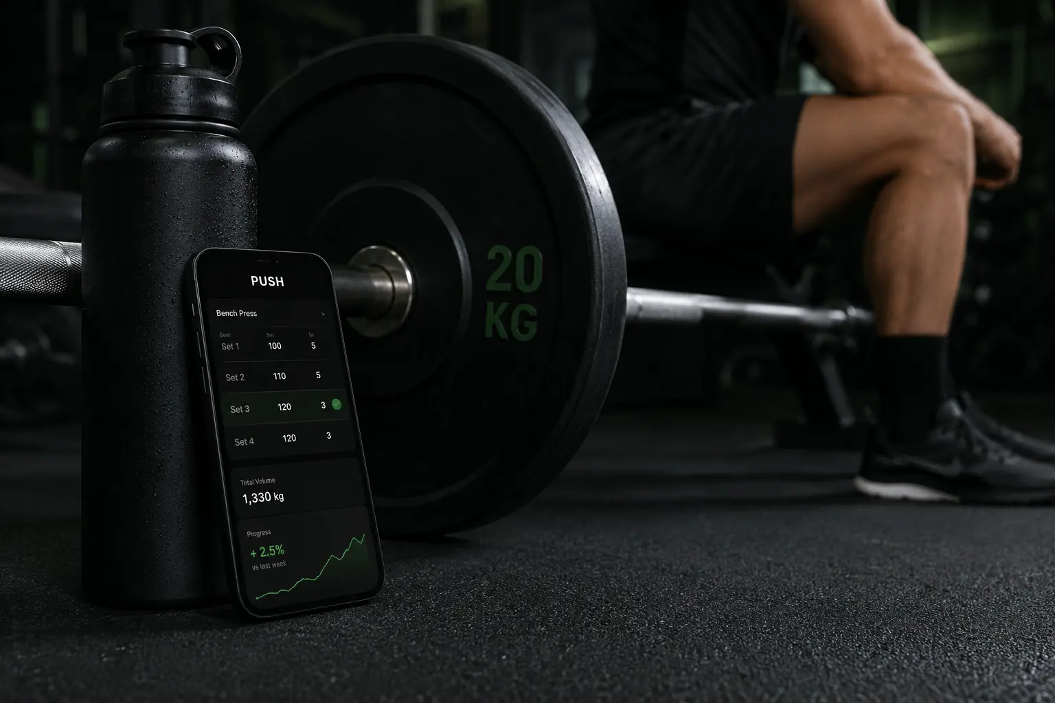 PUSH workout app beside a loaded barbell